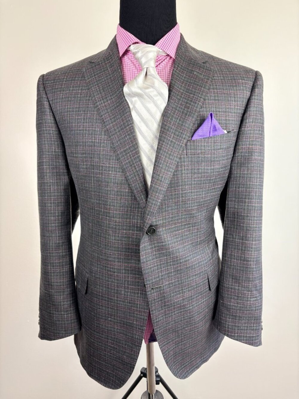 CANALI Mod 2-Button Gray & Burgundy Plaid Sport Jacket 46 R **Wool/Silk/Linen**